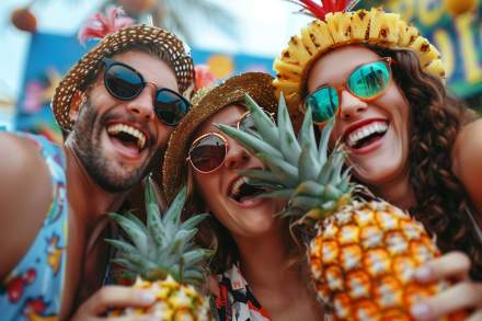 Groupe d’amis souriants avec chapeaux et lunettes de soleil tenant des ananas lors d’une soirée à thème tropical à La Cabane Meudon